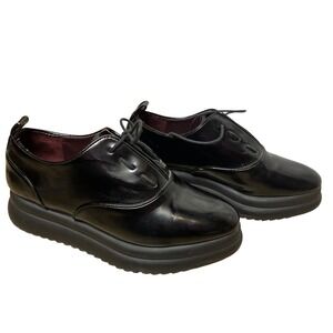 ZARA TRF Black Patent Platform Oxford Shoes Women Size 38‎ Chunky Sole Derby